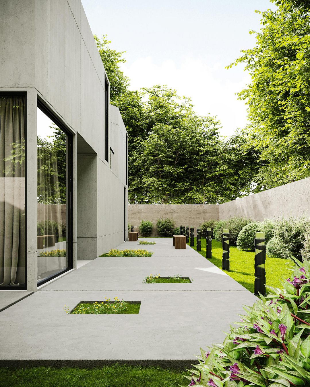 Minimalist concrete residence with landscaped garden courtyard.